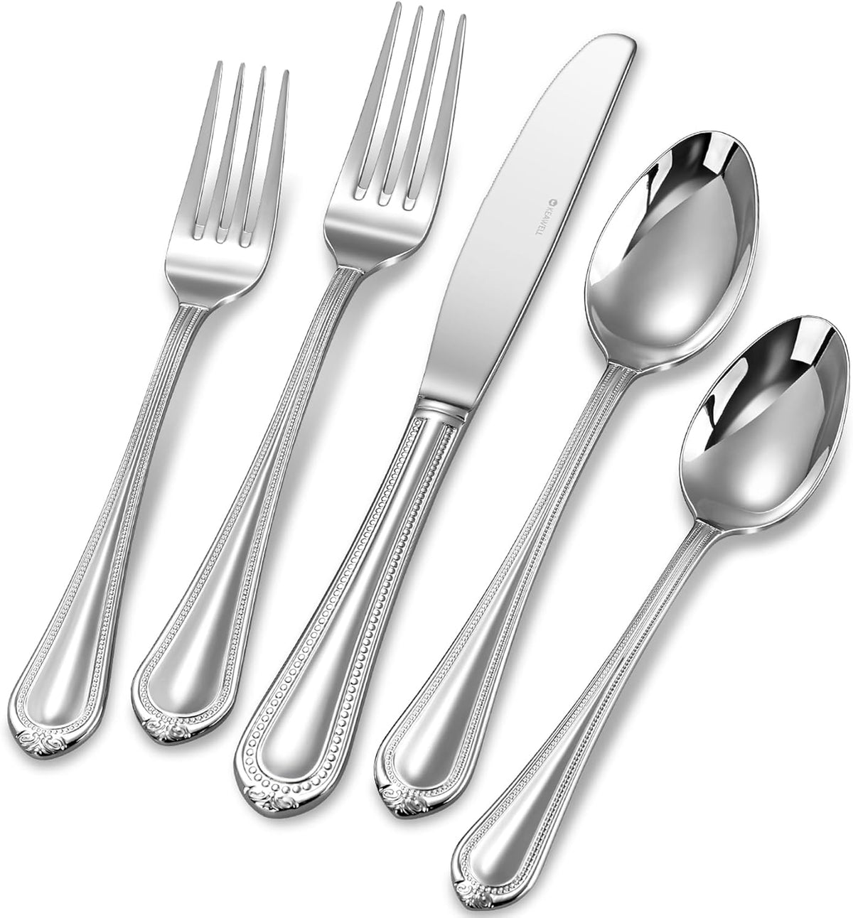 KEAWELL Pearl Edge Premium 65-Piece Refined Bead Silverware Set, 18/10 Stainless Steel, Service for 12, Fine Flatware Set with Serving Utensils, Dishwasher Safe (65, Silver)
