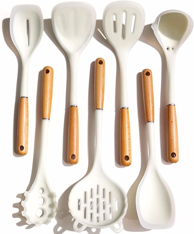 Quality Silicone Cooking Utensils Set - Non-Toxic, Heat-Resistant Kitchen Utensils Set with Food-Grade Silicone & Wood Handles - Includes Spatula & Spoon for Non-Stick Cookware, Translucent White