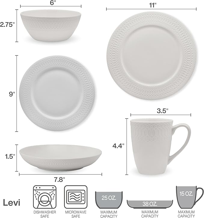 Mikasa Levi 40 Piece Bone China Dinnerware Set, Embossed Plates Bowls, Chip-Resistant, Lightweight, Elegant and Durable, Service for 8, White