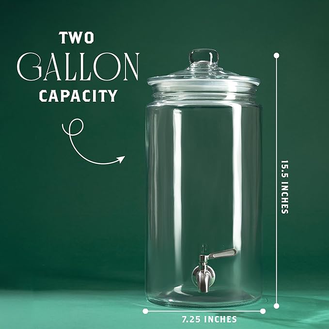 2 Gallon Glass Drink Dispenser with Spout for Parties - Tall Airtight Mason Style Beverage Serveware Stand with Metal Spigot for Kombucha, Water, Juice, Punch, Cocktails, Ice Tea & Sun Tea