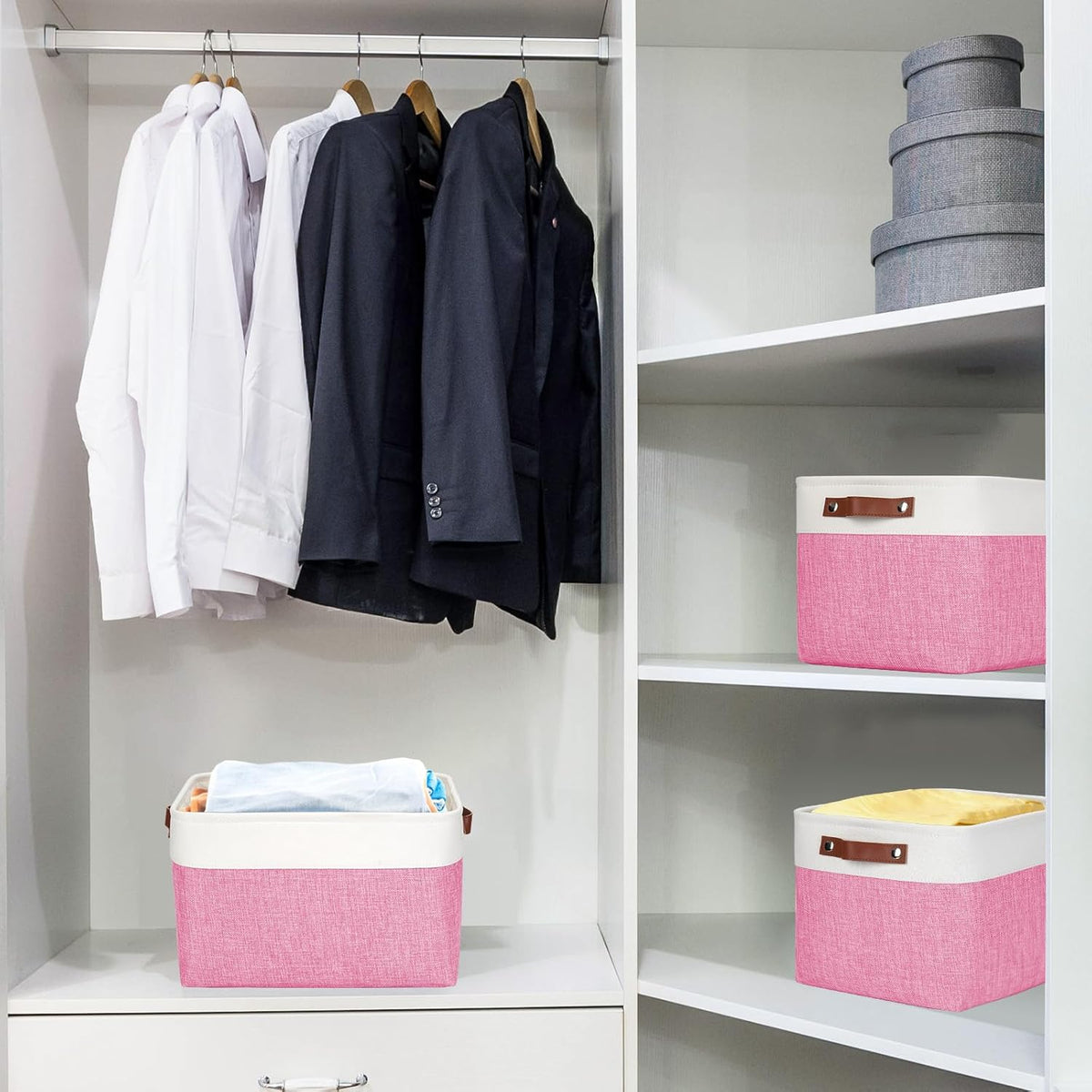 Storage Bins Large Fabric Storage Baskets for Shelves 3 Pack, Decorative Linen Closet Baskets with Handles for Organizing, Shelf, Clothes, Home, Office, 15x11x9.5Inches (Pink&White)