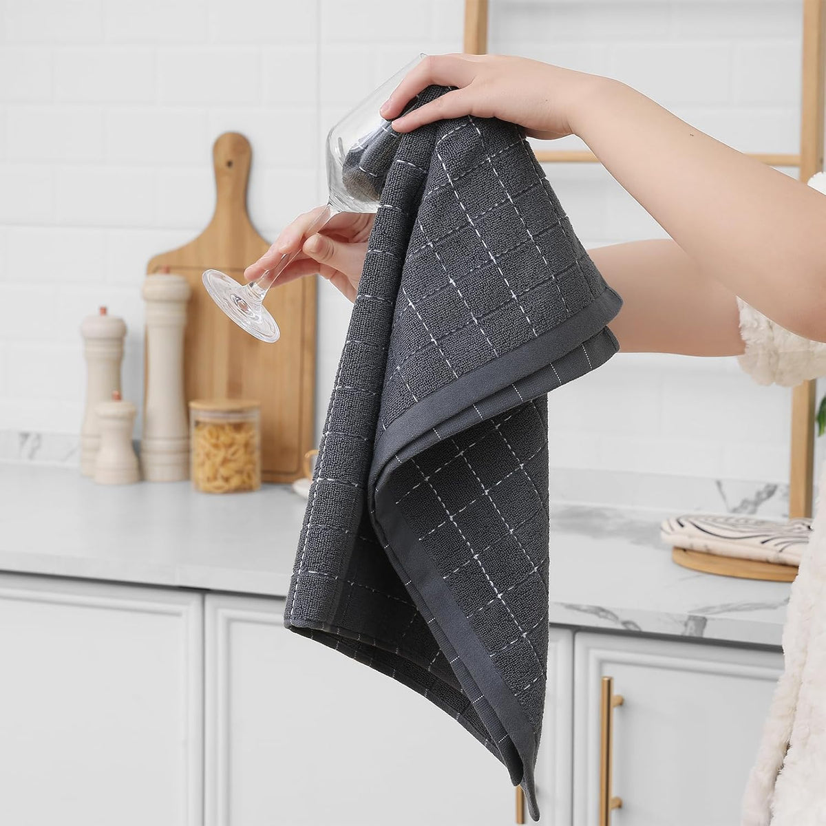 Homaxy 100% Cotton Terry Kitchen Towels(Dark Grey, 20 x 28 inches), Checkered Designed, Soft and Super Absorbent Dish Towels, Large 4 Pack
