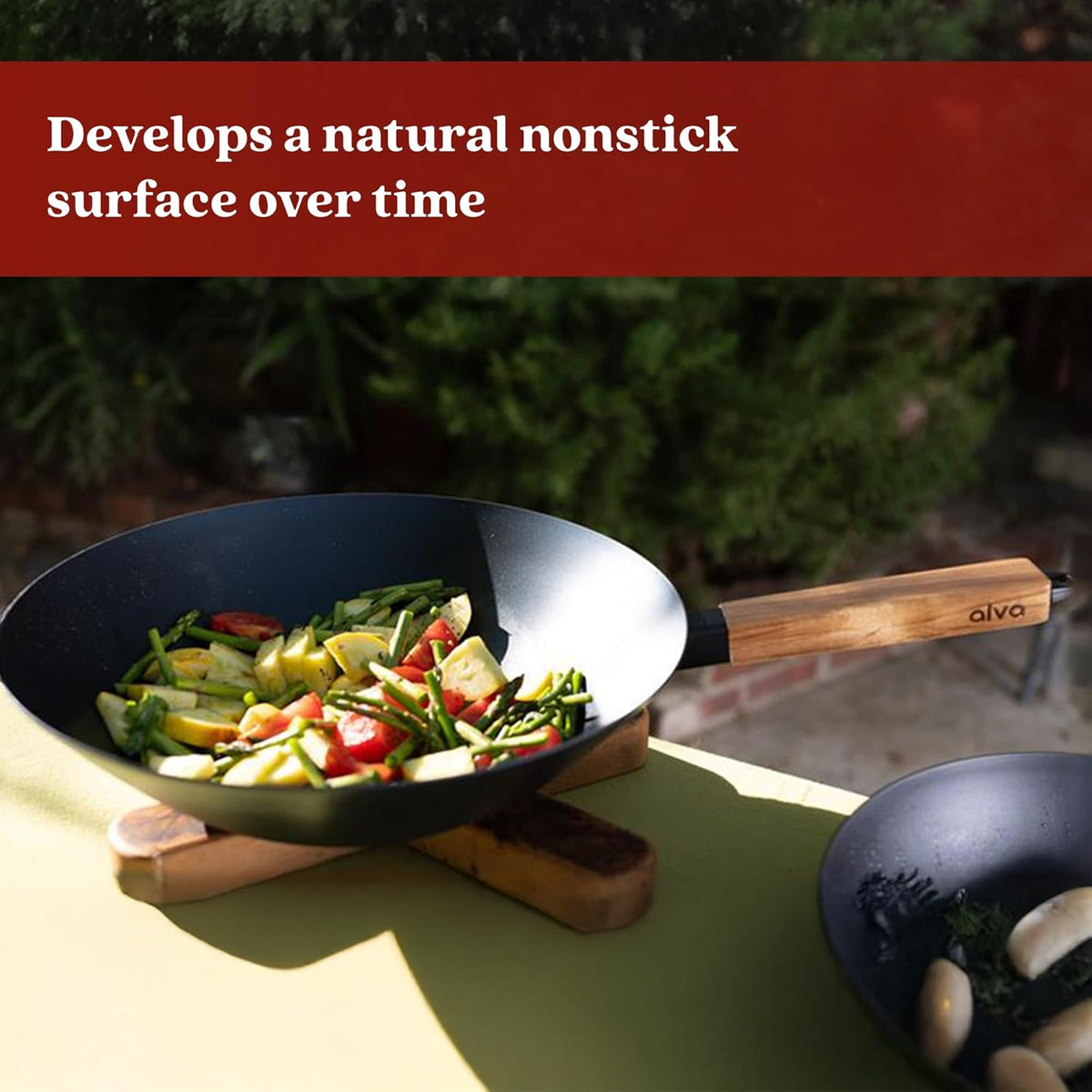 Alva Forest 4-Piece Blue Carbon Steel Pan & Wok Set – Pre-Seasoned, Natural Nonstick, PFAS/PFOA/PTFE-Free – Healthy, Non-Toxic Cookware for All Stovetops & BBQ