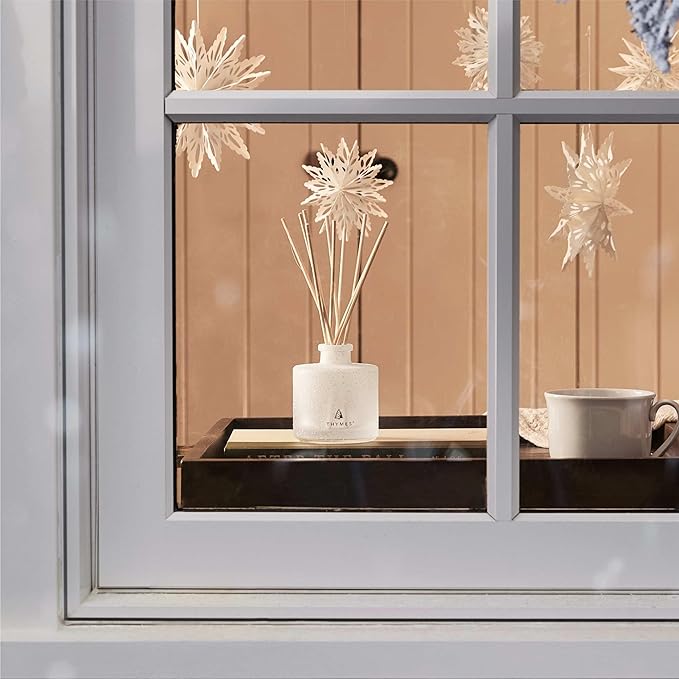 Thymes Frasier Fir Reed Diffuser Set – Includes Reeds, Fragrance Oil, and Frosted Glass Bottle – Fragrance Oil Diffuser – Room Fresheners – Luxury Home Decor – White (Flocked, 4 fl oz)