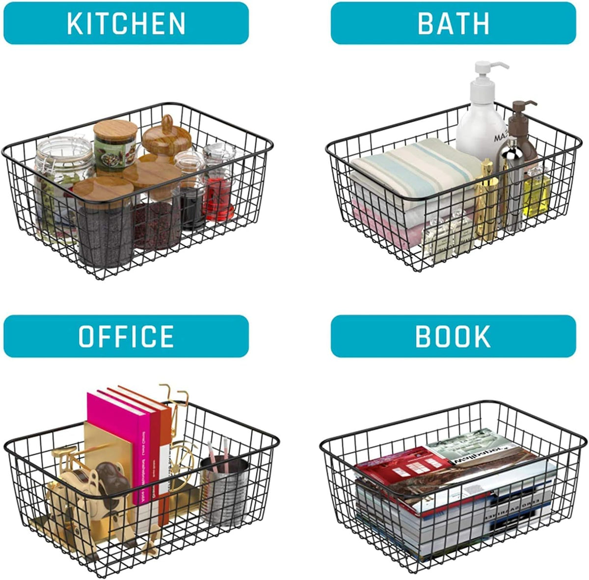 Metal Wire Food Storage Basket Organizer with Wooden Handles for Organizing Kitchen Cabinets, 2 Packs-Black-large