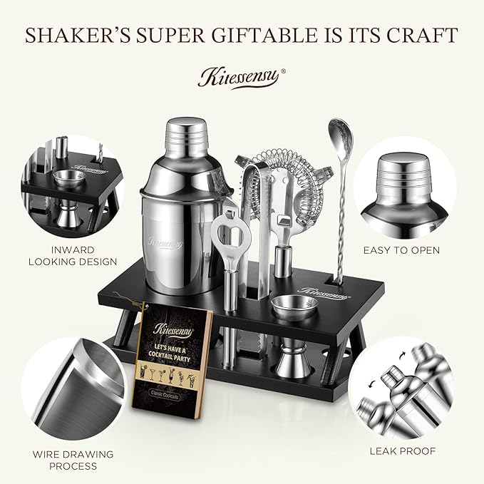 KITESSENSU Cocktail Shaker Set Bartender Kit, 6-Piece Silver Bar Set with Stand, Bar kit with Essential Bar Accessory Tools: Martini Shaker, Jigger, Strainer, Bar Spoon, Tongs, Opener