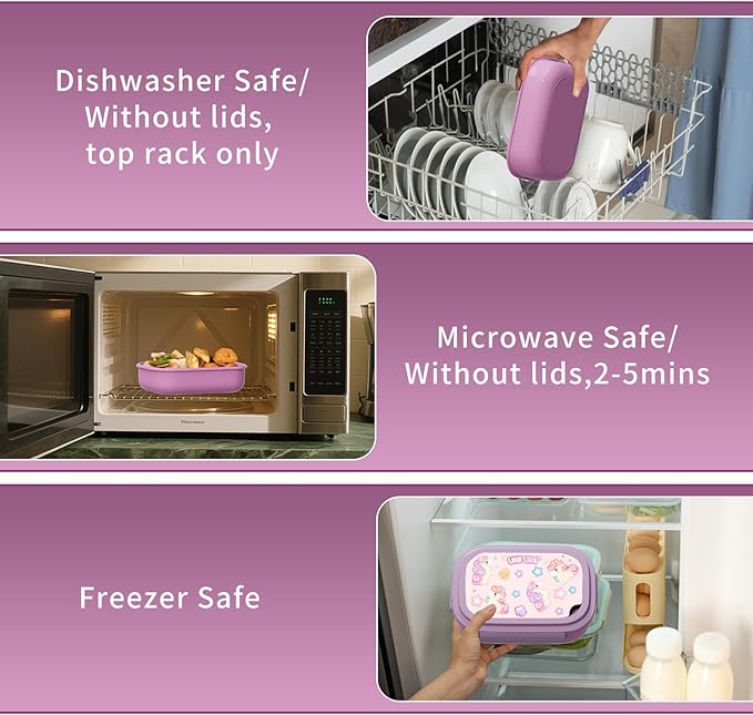 Bento Lunch Box with Kids & Children, Stackable Lunchbox Container with 3-Compartment, Durable for On-the-Go Meal, BPA-Free and Food-Safe Materials (Purple)