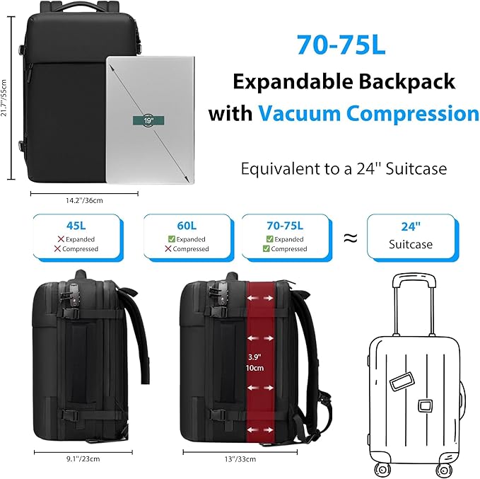 Vacuum Travel Backpack, 70L Expandable Air Vacuum Backpack for Travel, Vacpack Travel Vacuum Bags with Pump, TSA Lock, USB Charging Port, Waterproof