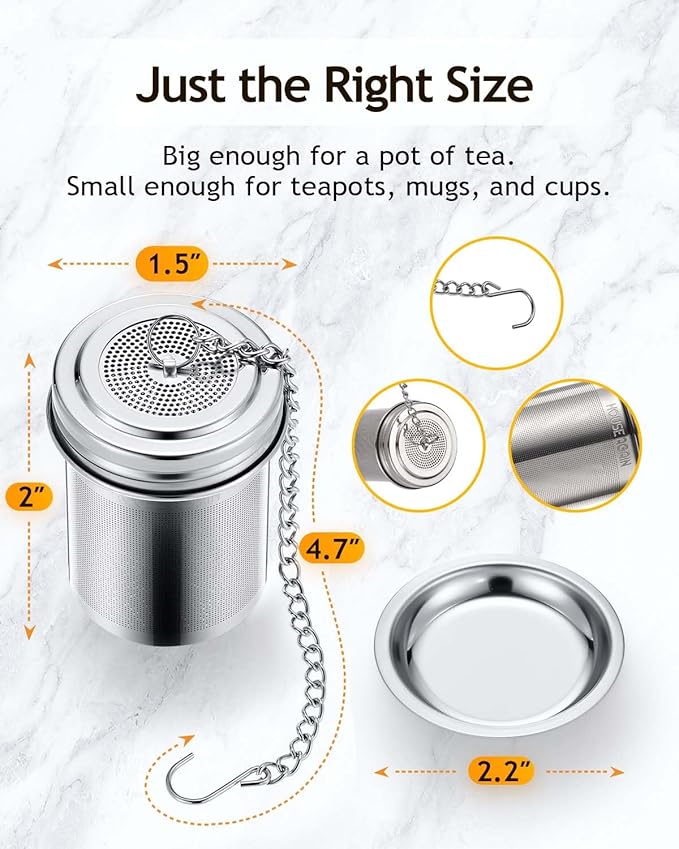 House Again 2 Pack Tea Infuser, Extra Fine Mesh Tea Infusers for Loose Tea, 18/8 Stainless Steel Tea Strainer with Extended Chain Hook, Tea Steeper for Brew Tea, Spices & Seasonings