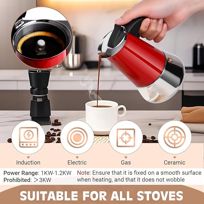 Moka Pot, 4 Cups (7.1 oz) Stovetop Espresso Maker, 304 Stainless Steel Moka Pot, Induction Compatible, Red