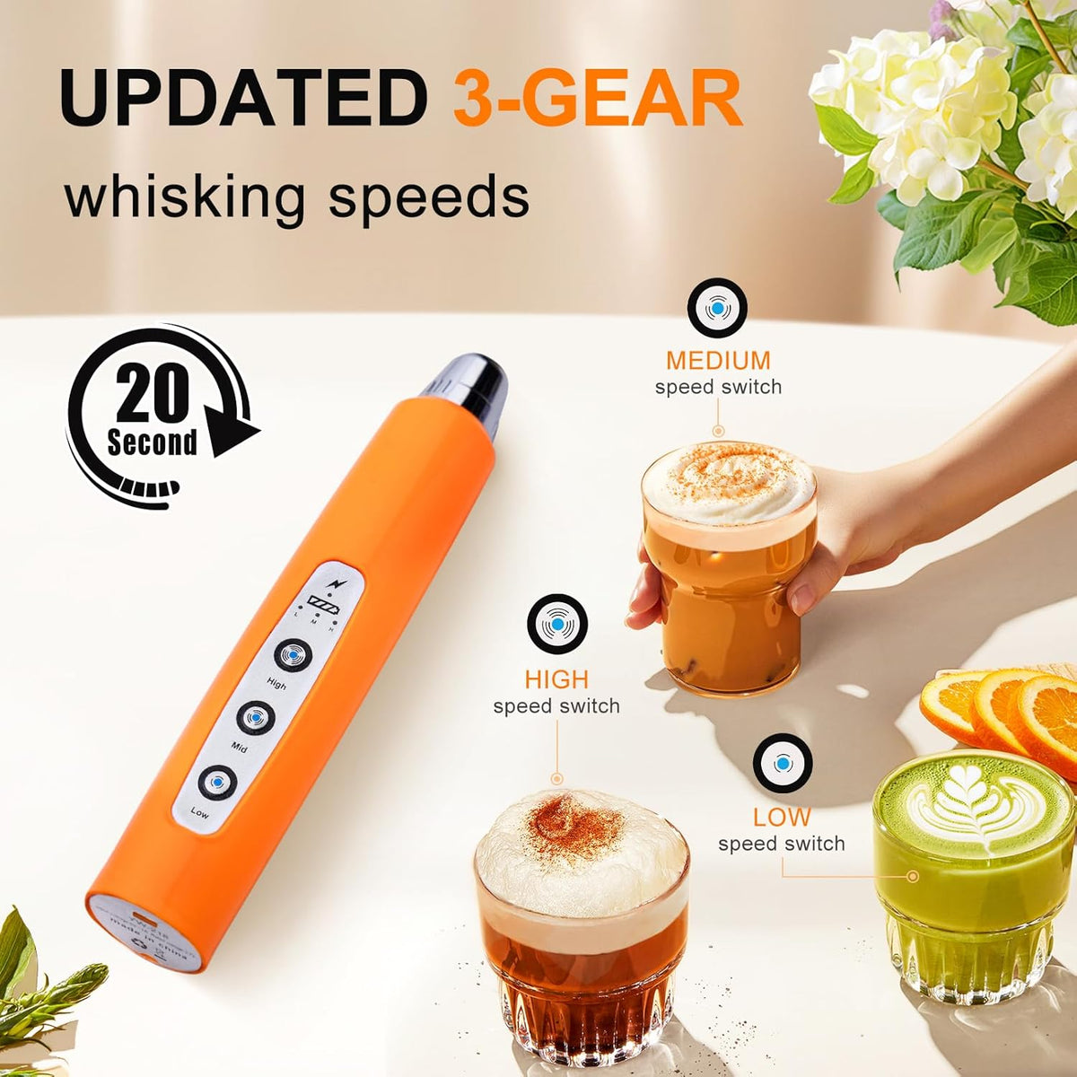 YUSWKO Fluorescence Orange Handheld Milk Frother Wand for Coffee, Rechargeable Electric Whisk with 3 Heads 3 Speeds Drink Mixer Coffee Frother For Latte, Cappuccino, Hot Chocolate, Egg