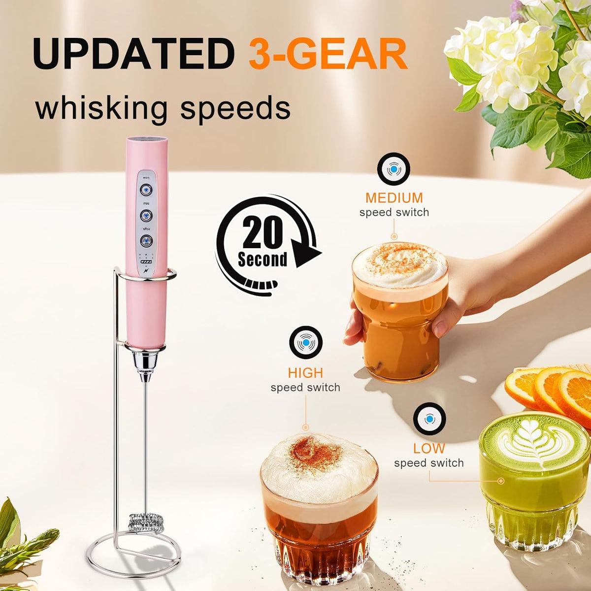 YUSWKO Pink Handheld Milk Frother Wand with Stand for Coffee, Rechargeable Electric Whisk with 3 Heads 3 Speeds Drink Mixer Coffee Frother For Latte, Cappuccino, Hot Chocolate, Egg