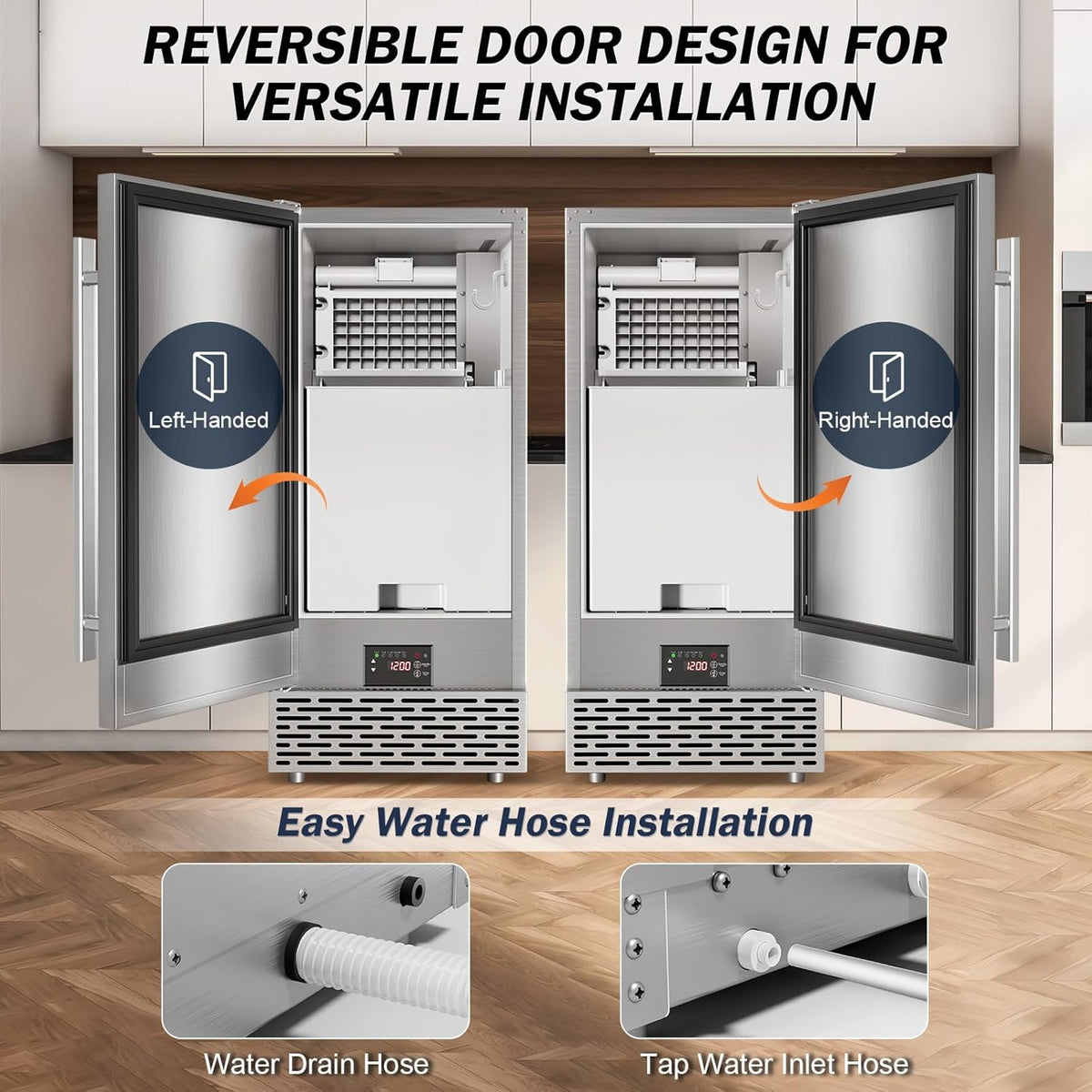 Commercial Under Counter Ice Maker Machine - 120 LBS/Day, Built in Installation, Auto-Clean,Reversible Door, Built 25LBS Ice Storage, Stainless Steel Ice Machine for Home & Business Outdoor Use