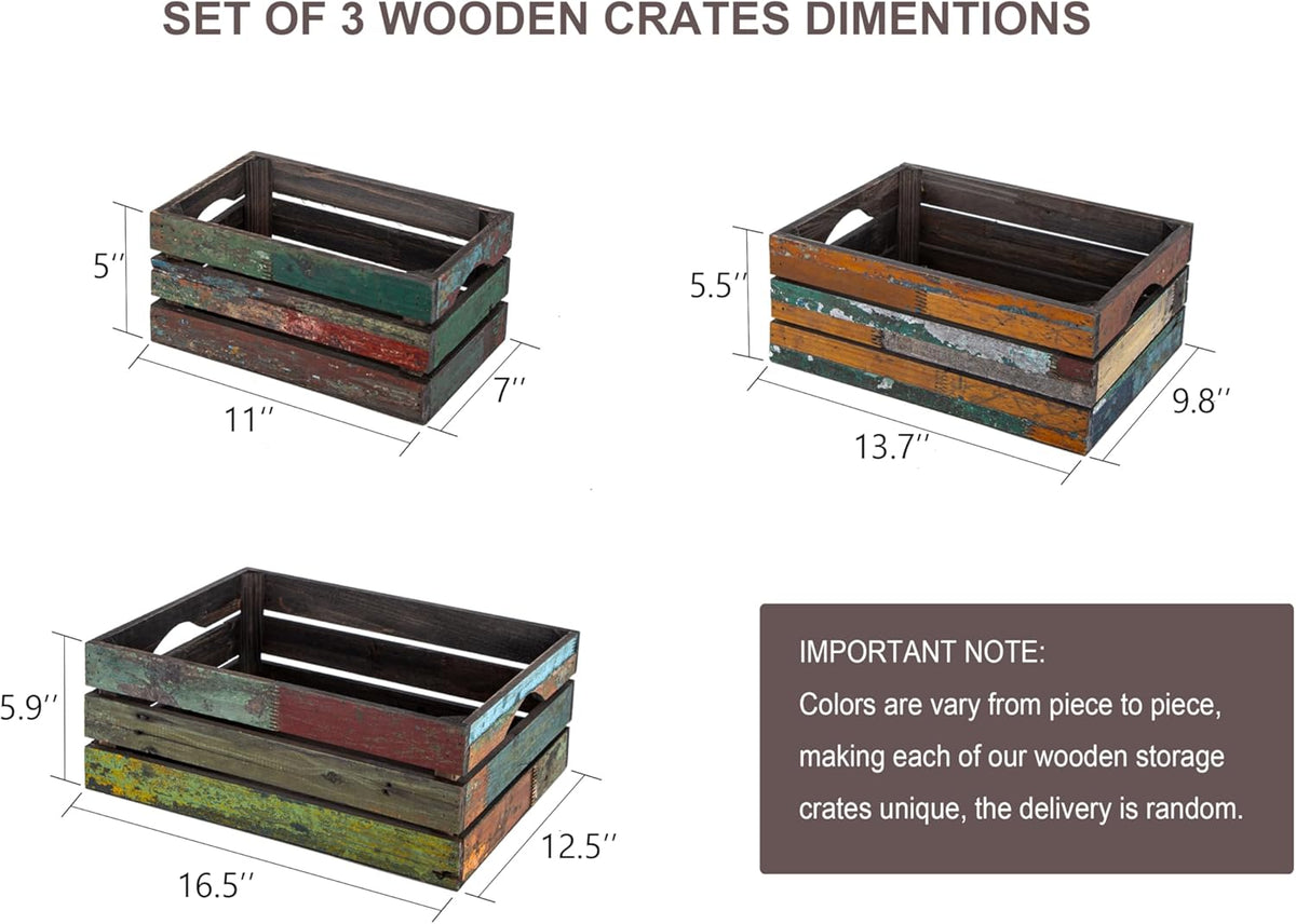 TIMRIS Set of 3 Rustic Distressed Wood Nesting Crates, Farmhouse Decorative Wooden Storage Boxes, Large Vintage Reclaimed Wood Baskets for Display (Random)