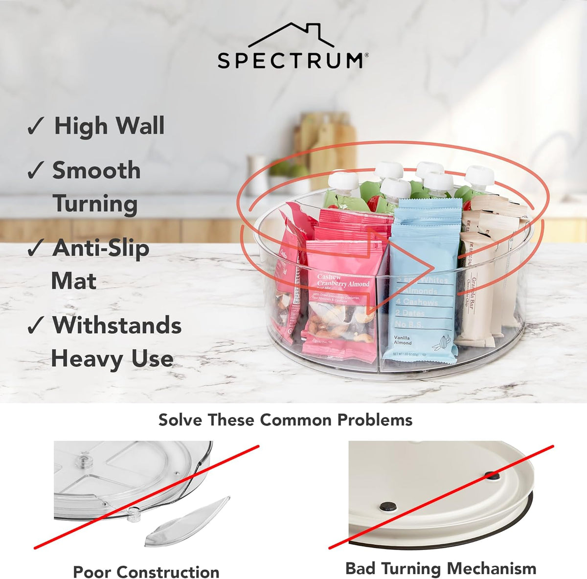 Spectrum Extra Large High Wall Turntable 12.25 in Pack of 2 Charcoal Gray XL Tall Lazy Susan Rotating Organizer for Kitchen Countertop Bath Cabinet Refrigerator Pantry Shelf Under Sink Organization