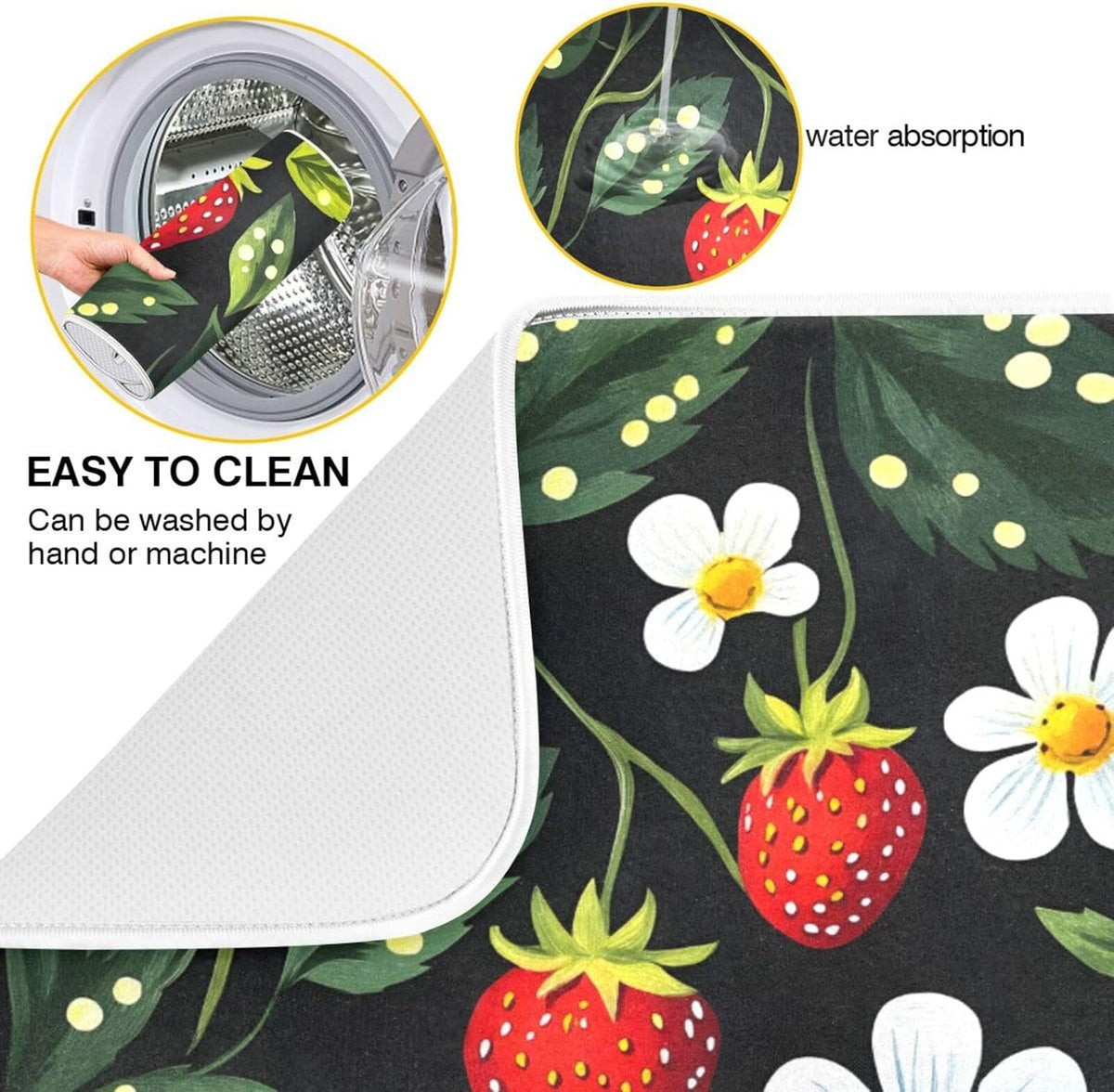 Strawberries White Flowers Dish Drying Mat for Kitchen Counter Absorbent Microfiber Drying Pad, Large 18x24 in, Reversible Drainer Mats