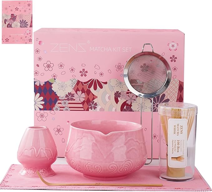 ZENS Pink Matcha Set, Matcha Whisk Set Includes 15oz Ceramic Bowl & (Chasen Holder), Bamboo Whisk & Scoop, Sifter and Pink Tea Towel, 6pcs Matcha Kit for Matcha Lovers