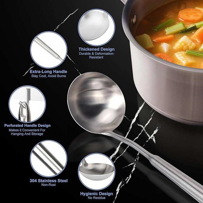 HOTEC Stainless Steel Soup Ladle Spoon 13.7" – Kitchen Ladle for Cooking and Serving, One-Piece 304 Stainless Steel Serving Spoon for Soup, Stew, Gravy, Broth