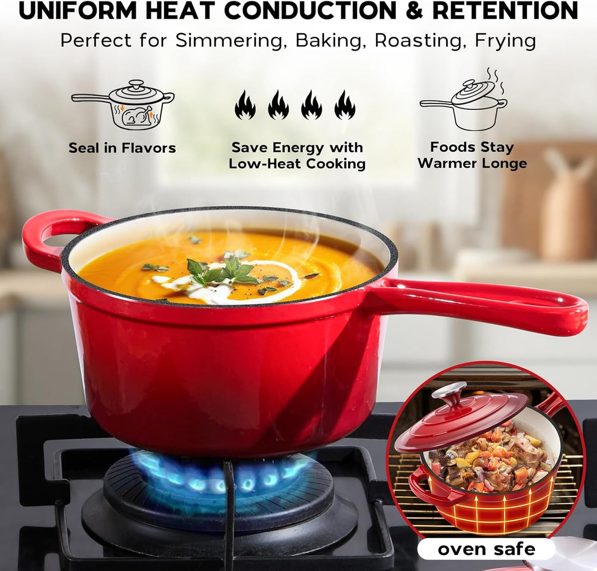 2QT Saucepan with Lid, Onader Enameled Cast Iron Sauce Pan Pot, Small Dutch Oven Cooking Kitchen Pot, Nonstick & Heavy Duty – Red