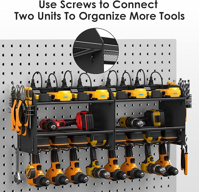 CCCEI Modular Power Tool Organizer Wall Mount with Charging Station. Garage Drill Storage Shelf with Hooks, Heavy Duty Rack, Tool Battery Holder Built in 8 Outlet. Gift for Men. Black, 1 Pack.
