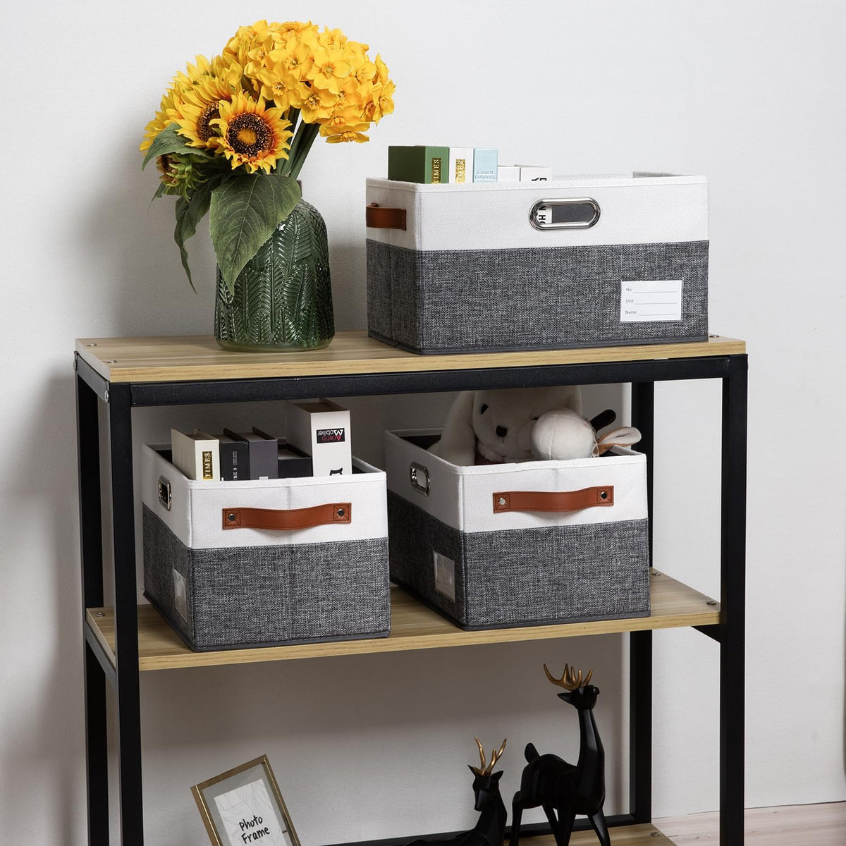 PRANDOM Foldable Storage Bins with Handles [3-Pack] Fabric Collapsible Storage Boxes Baskets Cubes Containers with Handles for Closet Living Room Bedroom (Grey & White 14.9x9.8x8.3'')