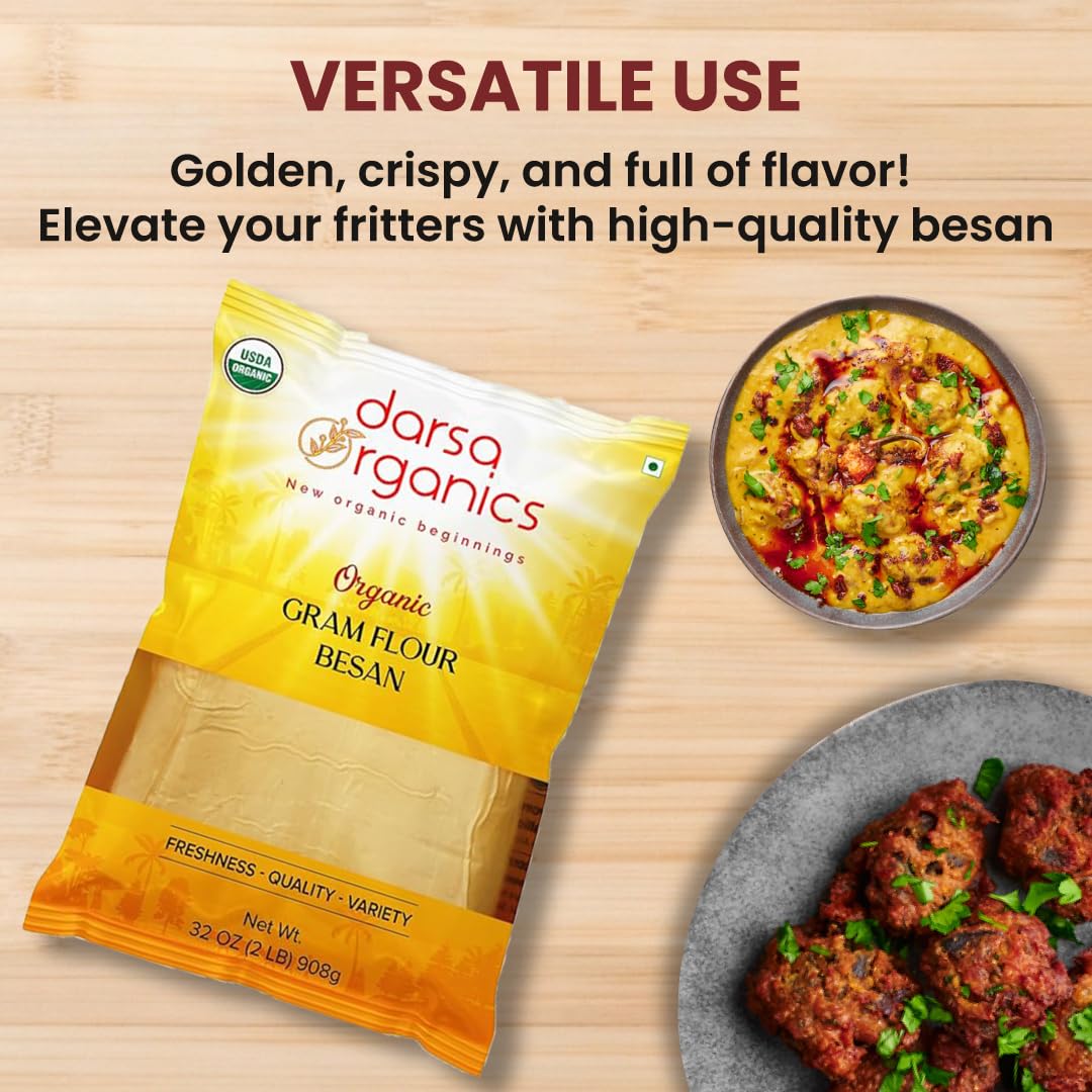 Darsa Organics Gram Flour - 2 lb Besan Flour, USDA Organic, Chemical Free, Non-GMO, Kosher, Premium Chickpea Flour for Cooking & Skin Care, Ideal for Gluten Free Diets & Face Masks