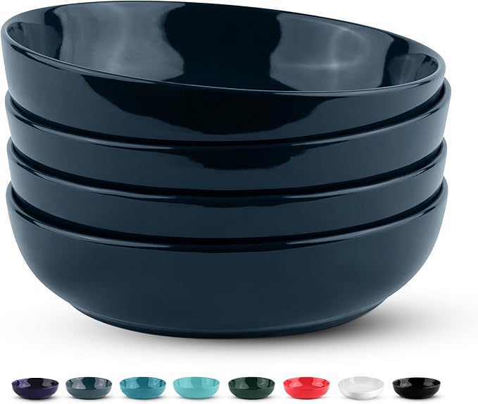 KooK Pasta Bowl, Salad Bowls, Soup, Serving Bowls, Ceramic, Large Capacity, Microwave & Dishwasher Safe, Set of 4, 40 Oz,(Navy Blue)