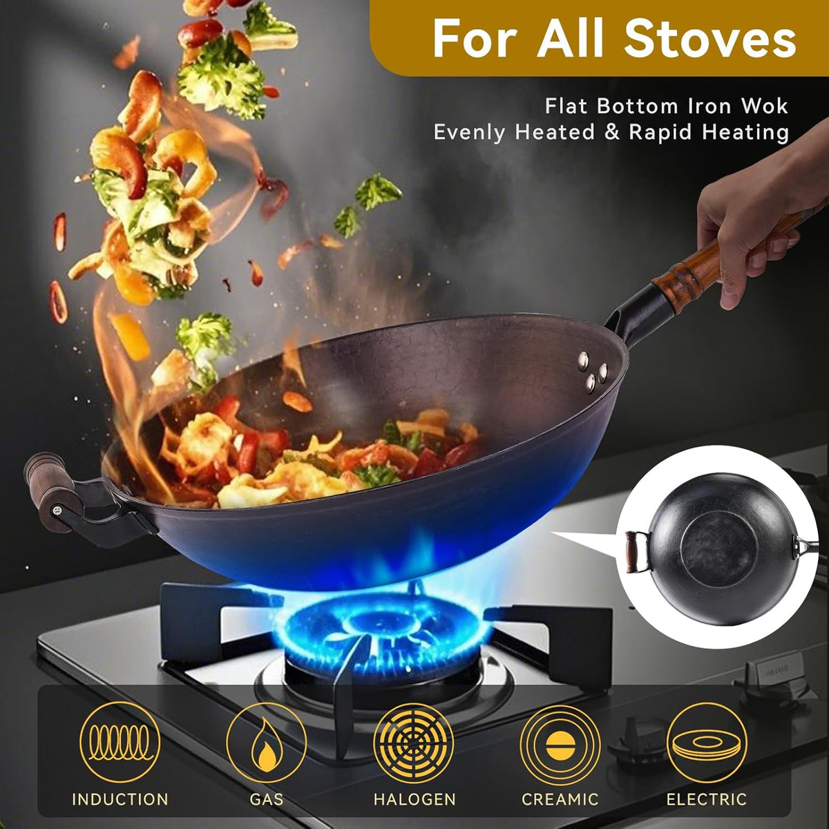 WANGYUANJI Cast Iron Wok Pan 14.2 inch Large Wok Stir Fry Pan Flat Bottom Wok with Lid and Wood Handle, Suitable for All Cooktops, Uncoated Craft Pot Healthy Cooking Pot