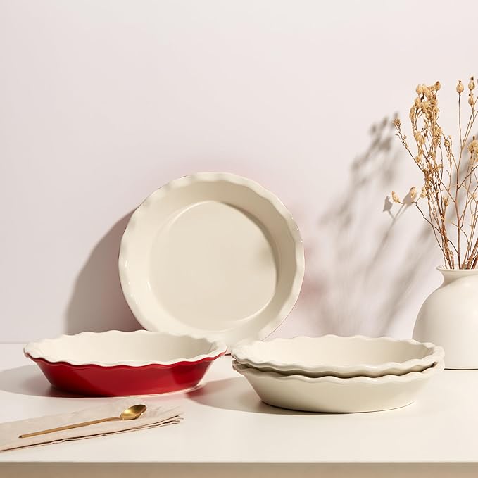 KooK Pie Pan, Ceramic Reusable Round Pie Dish, Quiche Baking Dish, Deep, Wave Edge, For Cakes, Tart, Casseroles, Tarts, Microwave, Oven and Dishwasher Safe, 9-Inch, 36 oz, Set of 2, Ivory