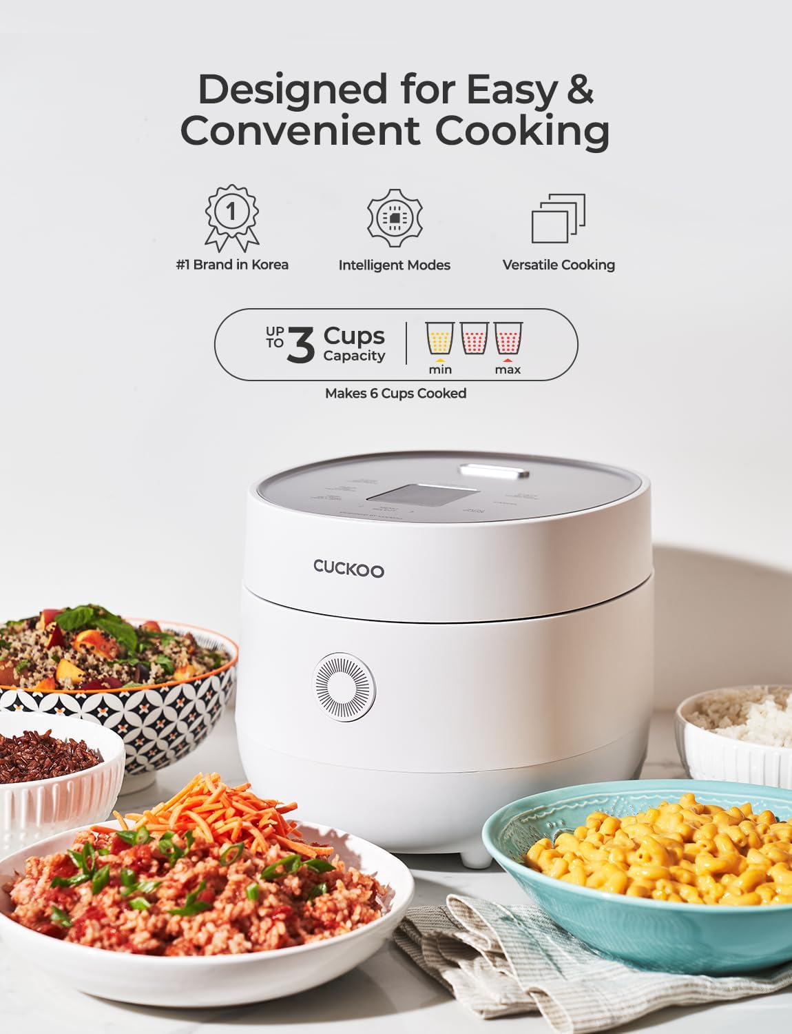 CUCKOO Rice Cooker 3 Cup Uncooked / 6 Cup Cooked, Modern Fuzzy Logic Rice Cooker Small with Delay Timer & Keep Warm Setting, Versatile Food Steamer for Cooking, Non-Stick Inner Pot, White (CR-0375FW)