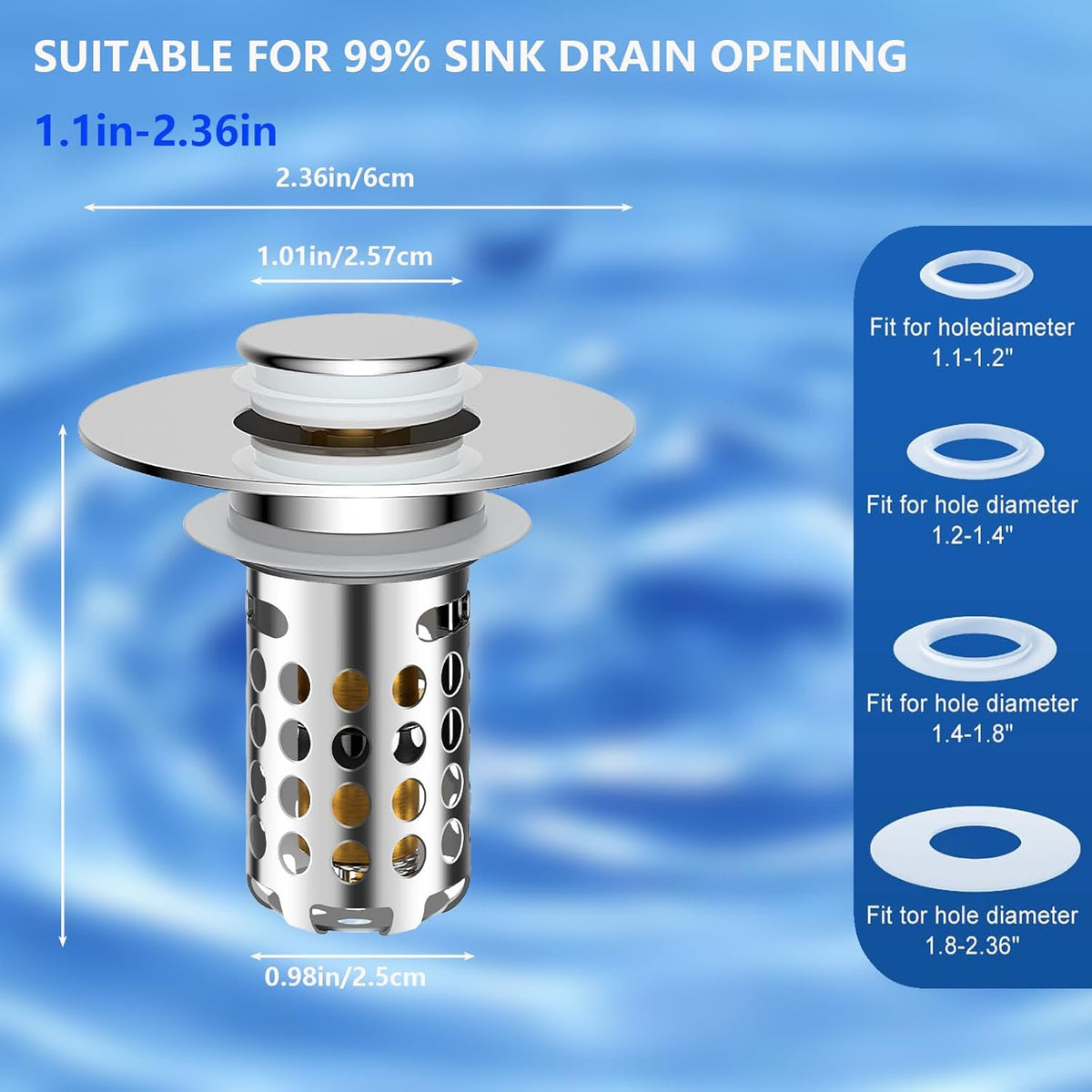 Upgraded 2pcs Bathroom Sink Stopper Drain Strainer for 1.1-1.45 Inch,Universal Pop Up Stopper with Removable Stainless Steel Filter Basket Hair Catcher,Brass Bounce Core for US Universal