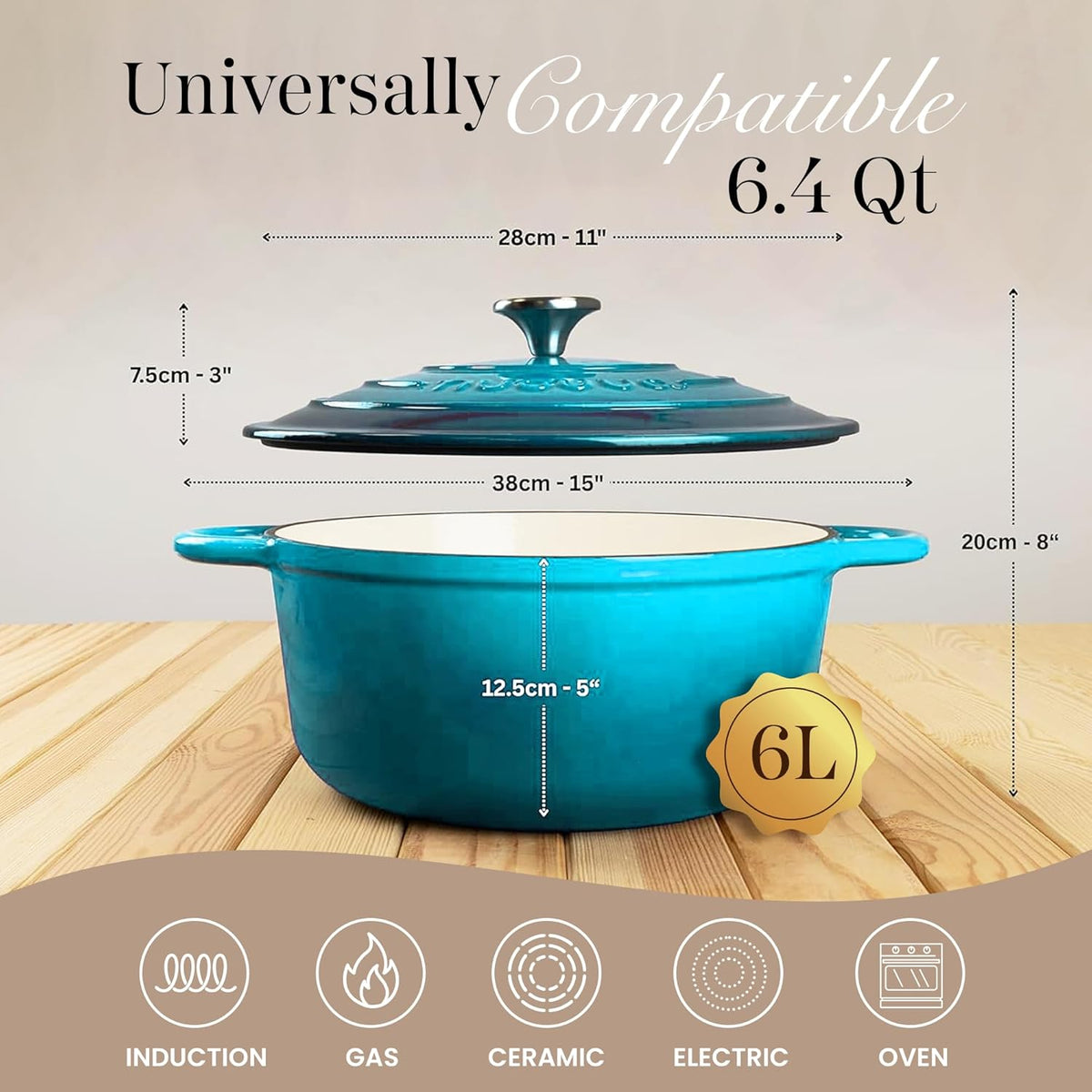 Nuovva Enamelled Cast Iron Dutch Oven Pot with Lid 6.4 Quart Non Stick Casserole Pot – Heavy Duty & Oven Safe up to 500° F for Bread Baking, Braising, Stews, Roasting – 28cm Light Blue