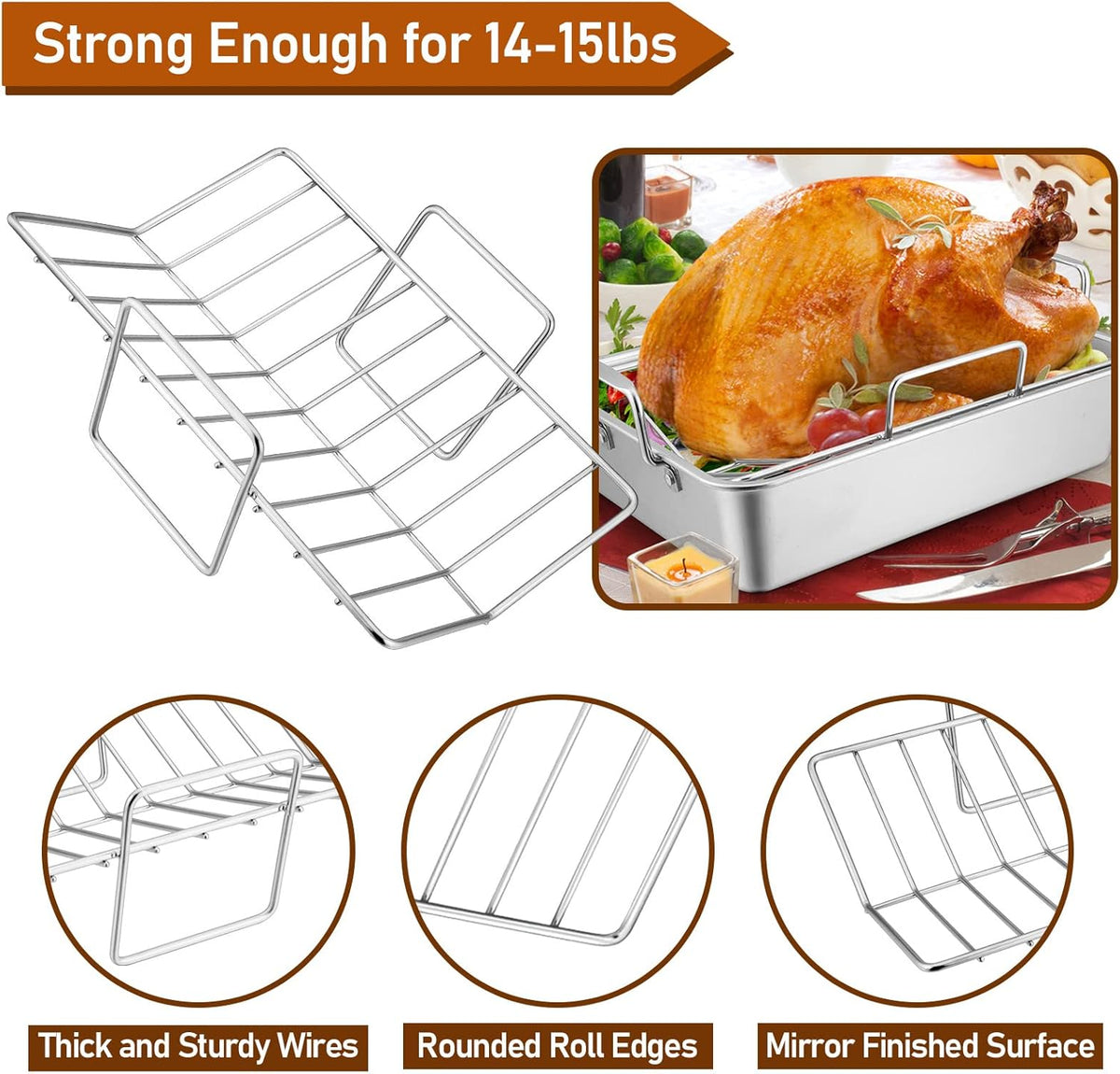 Roasting Pan with Rack for Turkey Chicken, Joyfair Stainless Steel Roaster Pan and V-rack for Toaster Oven, Rectangular Bakeware with Sturdy Handles, Heavy Duty & Dishwasher Safe (Small)
