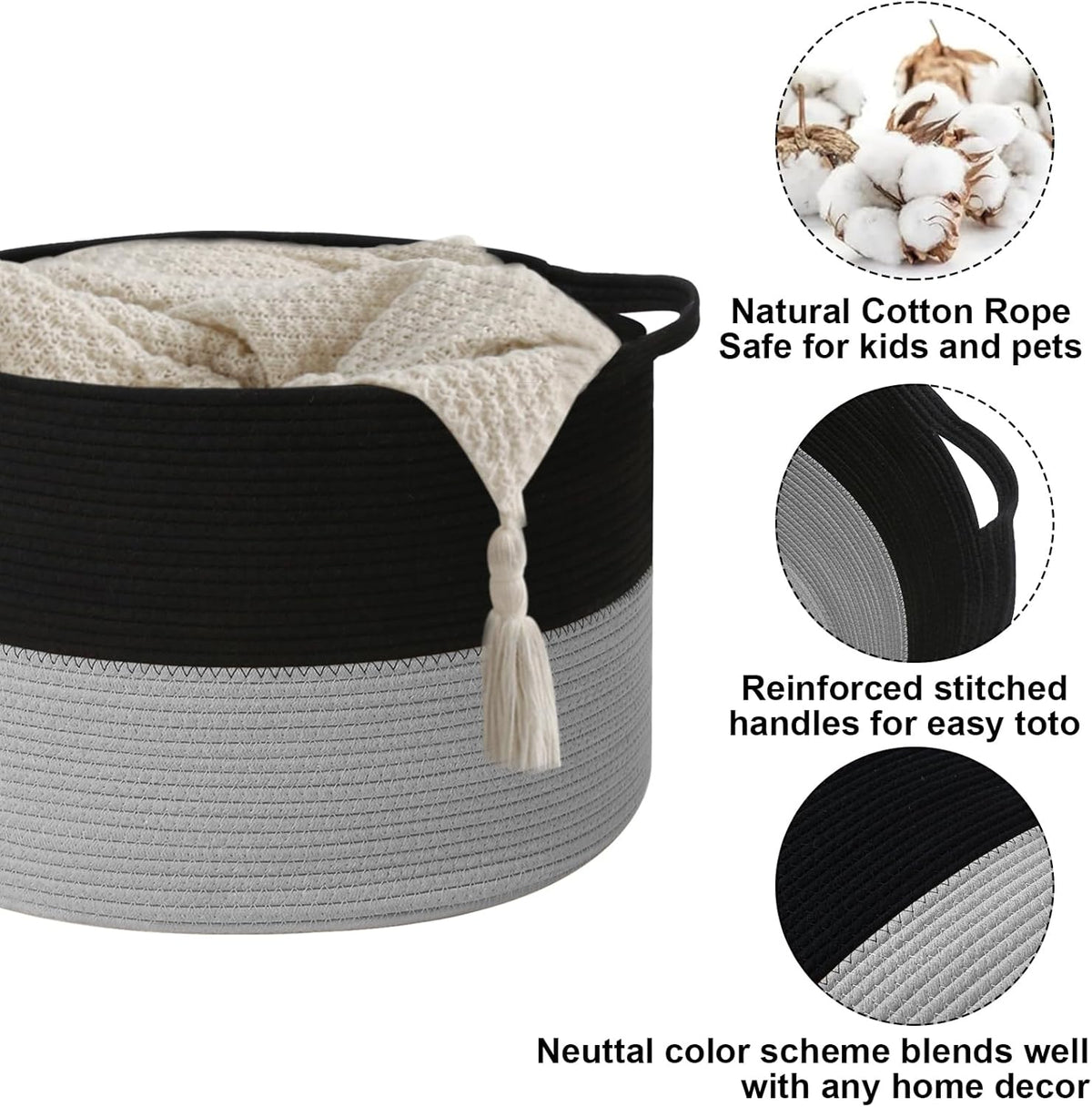 Large Blanket Basket for Organizing,65L Closet Organizers and Storage Bins Box for Shelves Woven Rope Storage Baskets,Living Room,Bedroom,Dorm,Laundry room (Black&Light Grey)