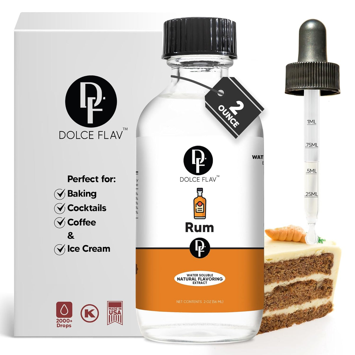Dolce Flav Natural Rum Extract – 2 Ounce Water-Soluble Kosher, Sugar-Free, Concentrated Dark Rum Flavoring for Baking, Cocktails & Desserts, Includes Measured Dropper