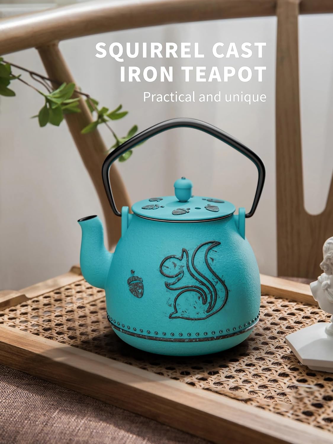 Toptier Teapot with Removable Infuser, Cast Iron Tea Kettle Stovetop Safe, Squirrel Design Tea Pot Coated with Enameled Interior for 32 Ounce (950 ml), Blue