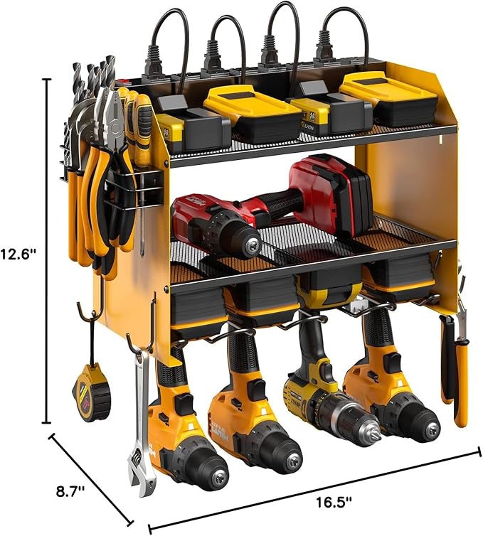 CCCEI Modular Power Tool Organizer Wall Mount with Charging Station. Garage Drill Storage Shelf with Hooks, Heavy Duty Rack, Tool Battery Holder Built in 8 Outlet. Gift for Men. Yellow, 2 Pack.