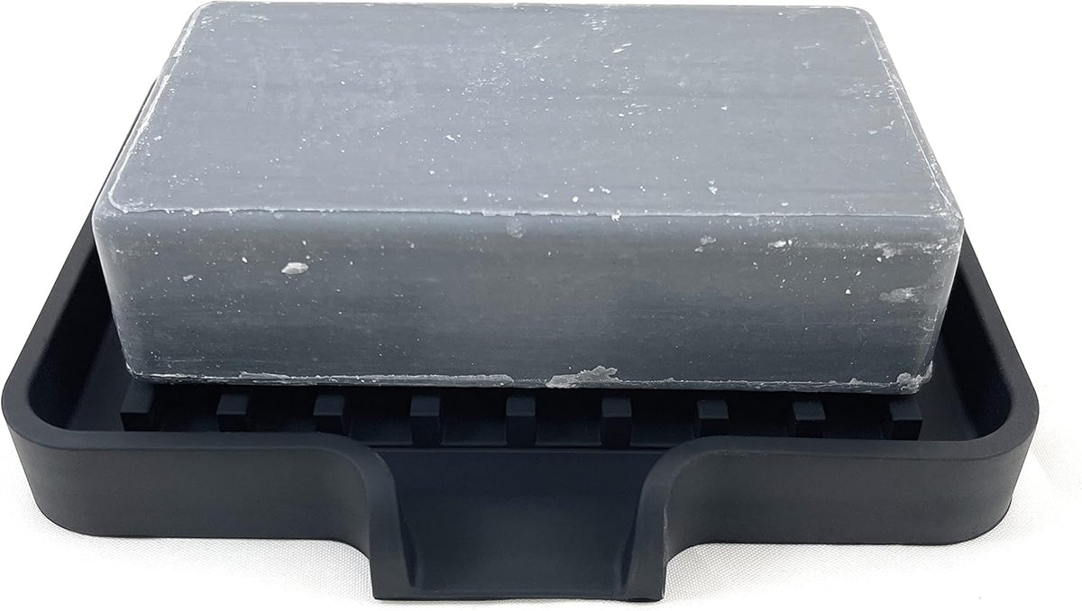 Happitasa Silicone Soap Dish Tray and Sponge Holder with Drain Chute, Pack of 2 | Bathroom and Kitchen Sink Organizer Caddy (Black, 5.2"x4", 7.2 Ounces)
