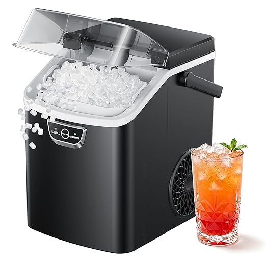 ICYGLEE Nugget Ice Maker Countertop with Handle, Ready in 4 Mins, Max 40lbs/24H, Chewable Ice, Self-Cleaning, Portable Sonic Ice Maker with Basket and Scoop, for Home/Party/RV/Camping (Black)