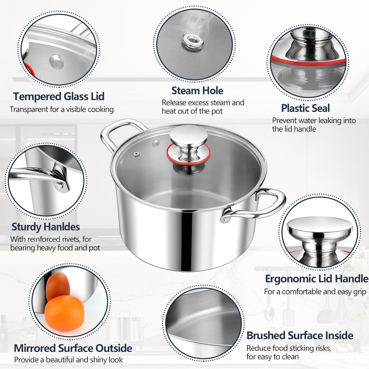 P&P CHEF 6 Quart Tri-Ply Stainless Steel Stock Pot, 6 Qt Stockpot Pasta Cooking Pot with Visible Lid for Soup Vegetable, Induction Cookware for All Stoves, Sturdy & Double Handle, Dishwasher Safe