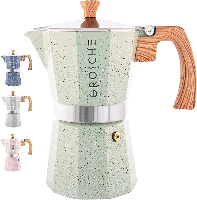 GROSCHE Milano Moka pot, Stovetop Espresso maker, Greca Coffee Maker, Stovetop coffee maker and espresso maker percolator (Mint, 6 cup)