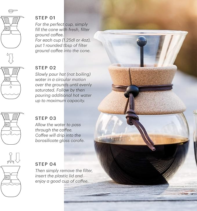Bodum 51oz Pour Over Coffee Maker, High-Heat Borosilicate Glass with Reusable Stainless Steel Filter and Cork Grip - Made in Portugal