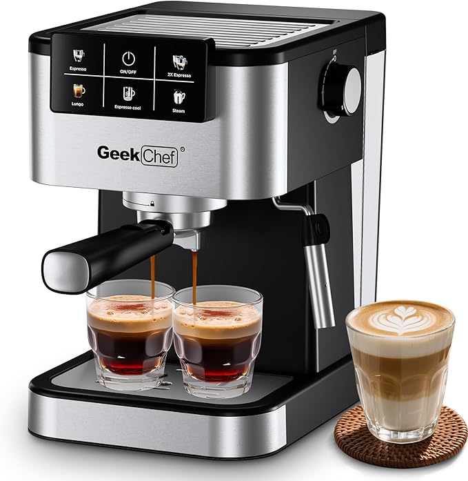 Geek Chef Espresso Machine with Milk Frother, 20 Bar Automatic Espresso Maker, Fast Heating Coffee Maker for Cappuccino, Latte & Iced Coffee, Easy to Use & Clean, for Home Barista