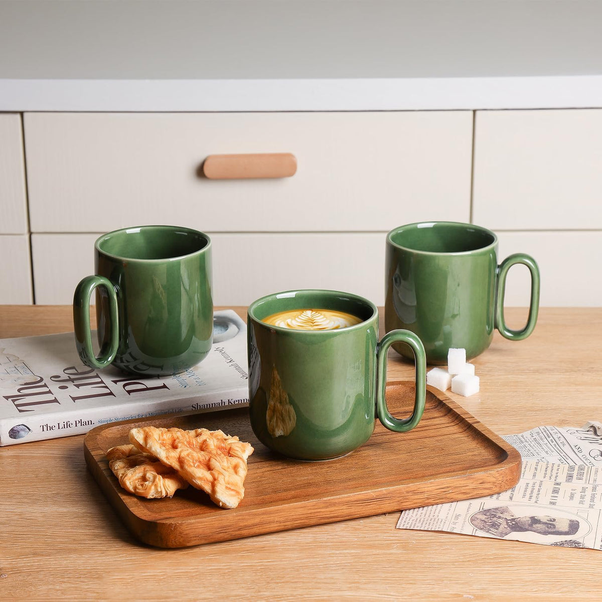 vicrays Ceramic Coffee Mug Set - 18 Ounce Large Stoneware Mug for Men Women - Unique Glazed Porcelain Mugs with Handle for Coffee Latte Tea Milk Cocoa - Set of 4 (Green)