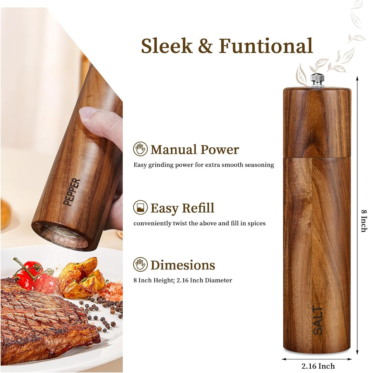 2 Pack Acacia Wooden Salt and Pepper Grinder Set 8 Inches Refillable Salt and Pepper Mills Adjustable Coarseness, Acacia Wood with Ceramic Core Peppercorn Shaker Tableware Birthday Gifts