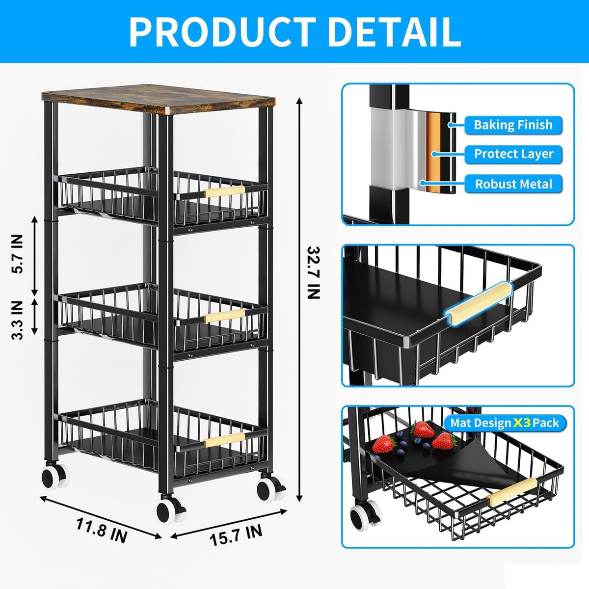 Fruit Vegetable Storage Basket for Kitchen, 4 Tier Large Pull-Out Metal Wire Baskets with 3 Pack Mats Bottom, Wood Top and Wheels, Vegetable Produce Bins Stand Cart Rack for Onions and Potatoes