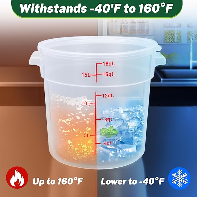 Round Food Storage Container with Lid，18 Qt Translucent， Commercial 4 Pack of – NSF Listed, BPA-Free, Polypropylene, Non-Stick， Scale, with Labels & Measuring Cups