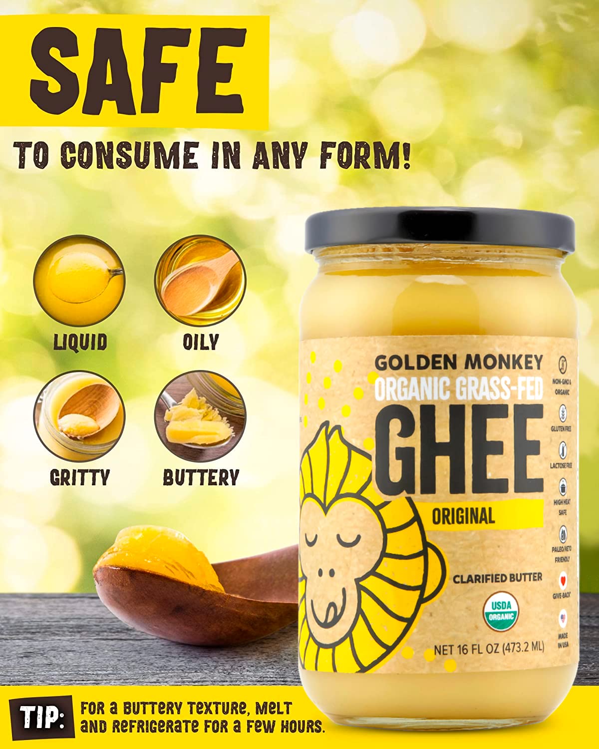 GOLDEN MONKEY Organic Ghee Butter – Grass Fed Clarified Butter for Cooking, Baking, Keto & Gut Health – Ghee Butter Organic Grass Fed from Small Farms – Smooth Spread with High Smoke Point (16oz)