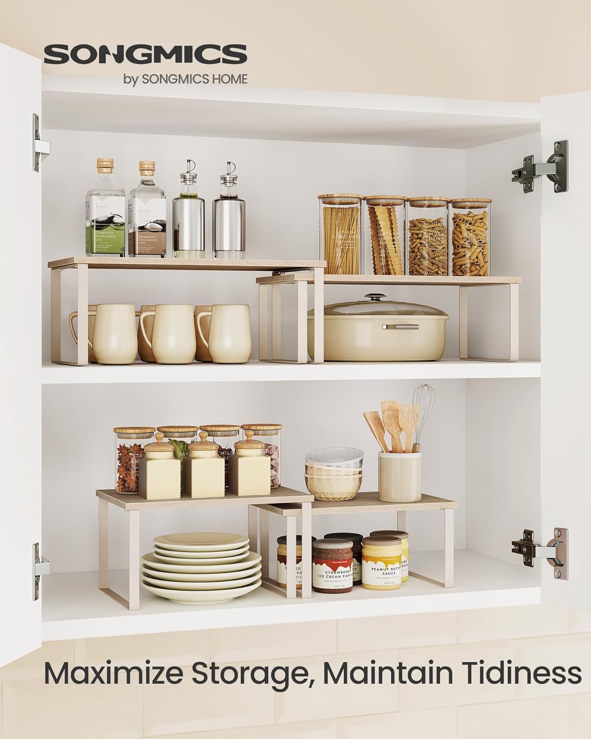 SONGMICS Cabinet Organizer Shelf, Set of 2 Kitchen Counter Shelves, Kitchen Storage, Spice Rack, Stackable, Expandable, Metal and Engineered Wood, Travertine Beige and Cream White UKCS025L01