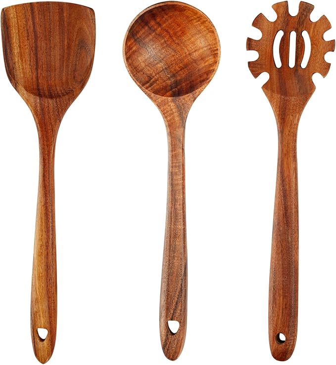 FJNATINH 3-Piece Teak Wooden Wok Spatula Set, Wooden Kitchen Utensil Set, 100% Natural Teak Wood Cooking Utensils